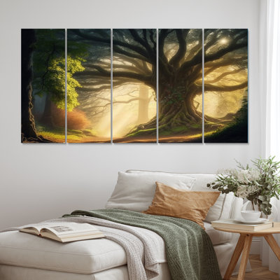 Soleil à travers les branches de l'arbre majestueux - Forest Wall Art Living Room - 5 panneaux égaux
