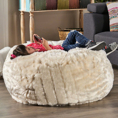 Pouf de 90 cm en fausse fourrure blanche, doux et confortable, rembourrage en mousse, fermetures éclair pour faciliter l'entretien, supporte jusqu'à 136 kg, idéal pour décorer votre intérieur, finitions lisses, facile à enlever, grande capacité, parfait pour se détendre.