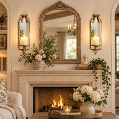 2-Piece Gold Mirrored Wall Candle Sconces with Arch Frame and Detachable Bow