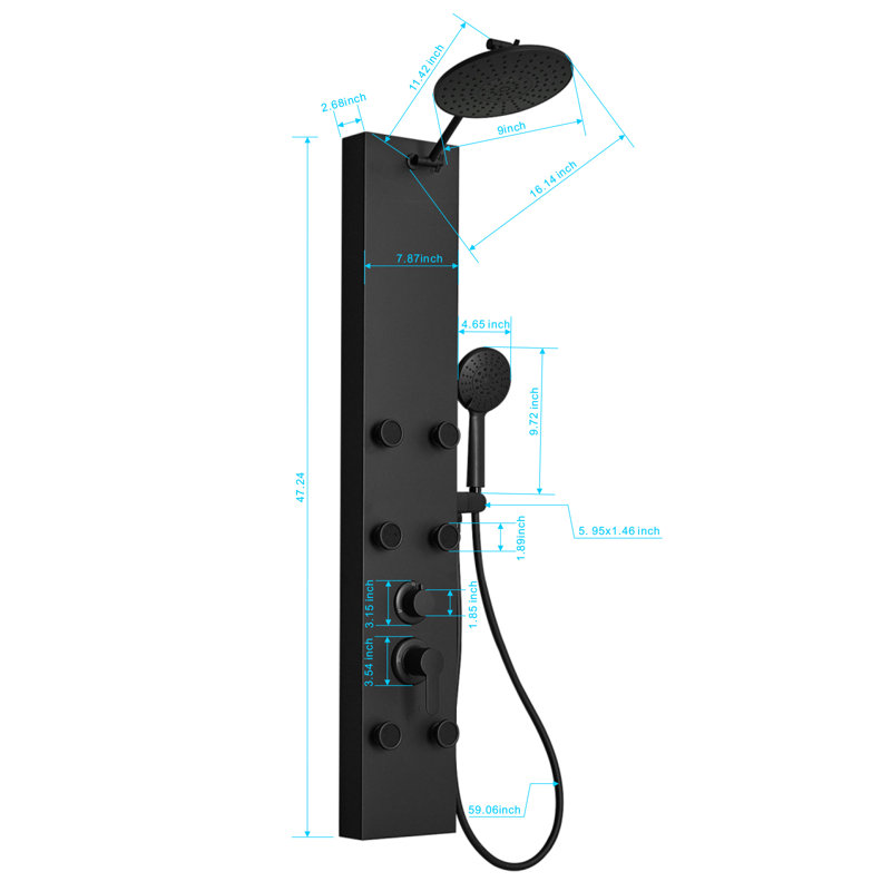 3-way Diverter Rainfall Shower Tower Panel System with Rainfall Waterfall Shower Head and Shower Wand in Matte Black