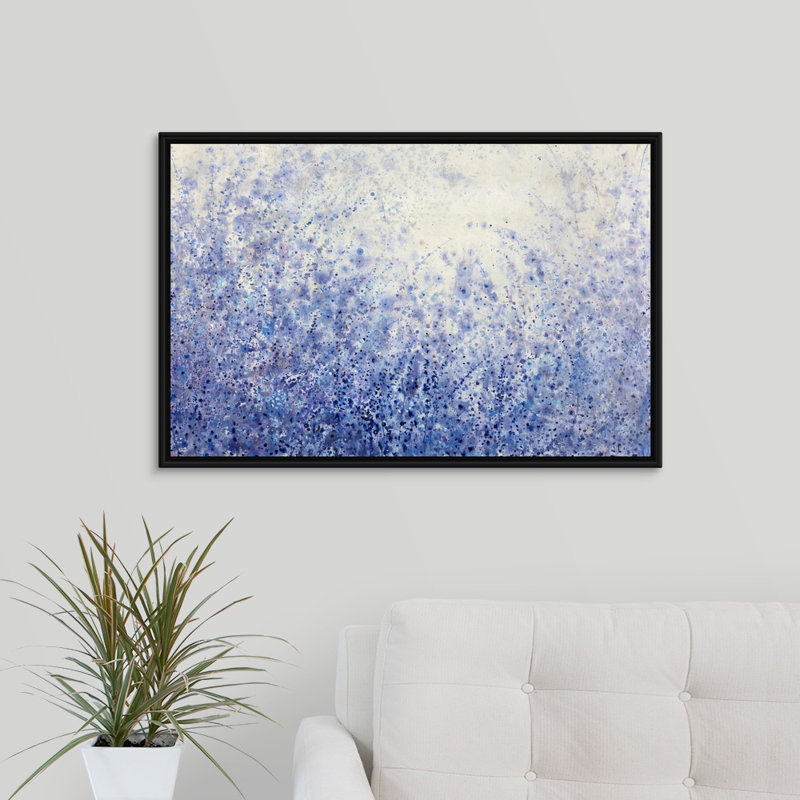 « blue jardin escape », peinture sur toile, Cadre flottant noir, H 21,7 po x l 31,7 po x P 1,75 po