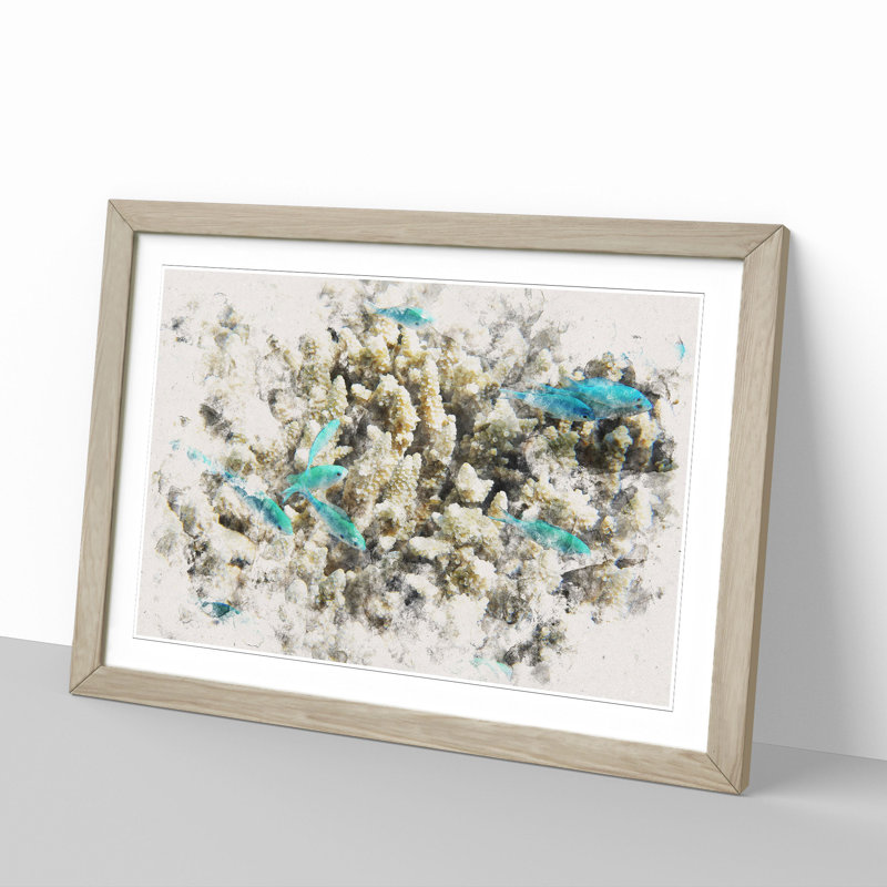 Coral Reef and Blue Fish - Picture Frame Painting, Oak, 27cm H x 36cm W x 2cm D