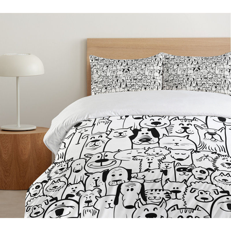 Queen Size Black and White Cartoon Pet Duvet Cover Set