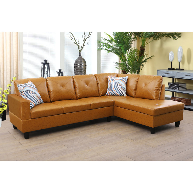 Canapé modulaire en cuir 2 pièces Elaynah, Accoudoir à droite (vu de face), Similicuir orange