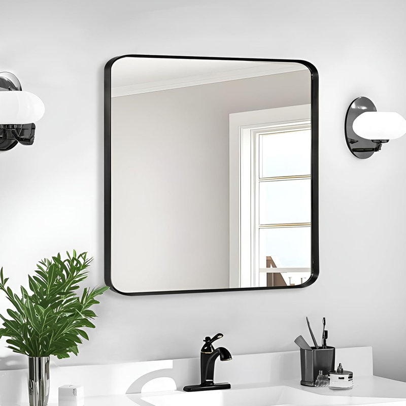 Miroir de salle de bain mural mural en métal brossé noir, Carrée, Noir, 30 po x 30 po