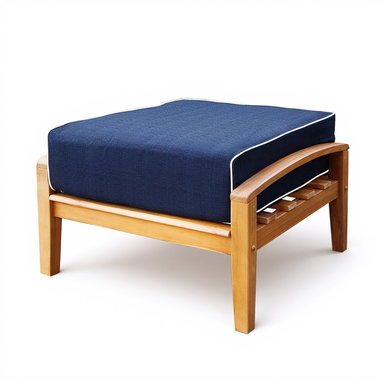 Summerton Upholstered Outdoor Ottoman with Cushion, Natural, Navy White Piping