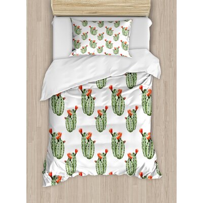 Cactus Spikes and Red Flowers Mexican Hot Desert Vintage Image Art Duvet Cover Set -  Ambesonne, nev_26570_twin