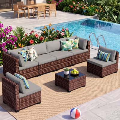 8-piece Outdoor Patio Conversation Set With Propane Fire Pit Table, 7-piece Wicker Sectional Sofa & Coffee Table