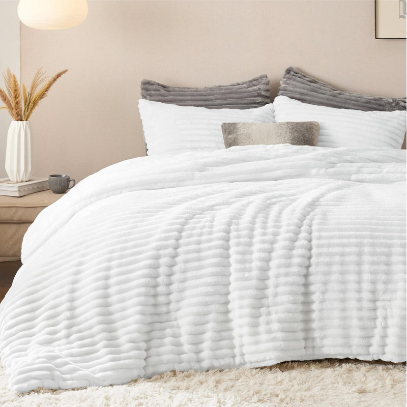 Bedsure Full Size Comforter Sets - 3-Piece Double-Sided Fleece Fluffy Cream White Bedding, Cozy Striped Aesthetic for Modern & Guest Bedrooms, All-Season Luxury Home Decor