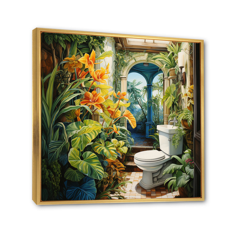 Tropical Paradise Toilet Vibrant - Bath & Laundry Canvas Art Print, Cadre flottant doré, H 16 po x l 16 po x P 1 po