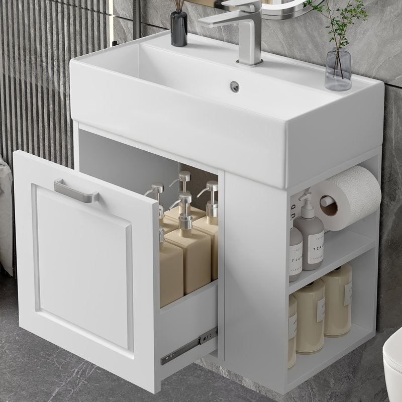 Mulero 21.5" Wall-Mounted Bathroom Vanity With Ceramic Sink, Drawer & Shelf, White