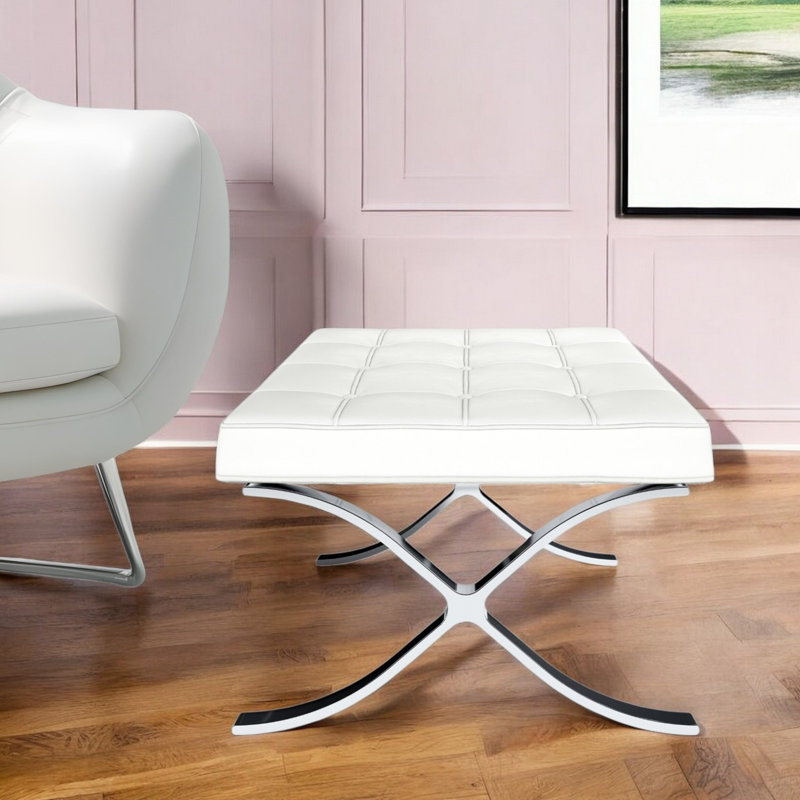 Repose-pieds 24 po en cuir véritable blanc et tabouret capitonné argenté