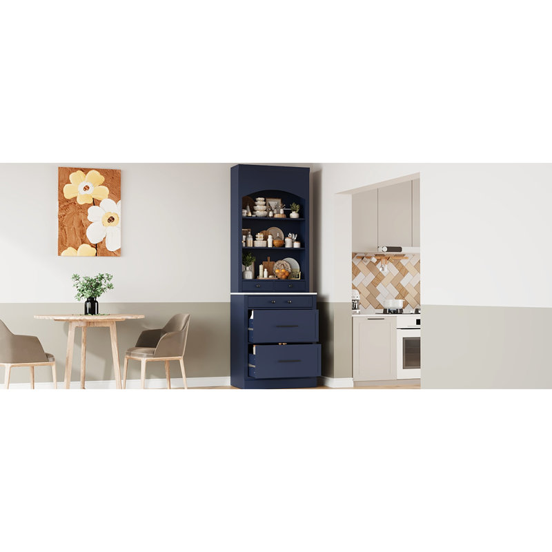 83.7 - Inch Tall Kitchen Cabinet With Faux Marble Countertop, 5 Drawers, And Adjustable Shelving For Space Saving In Kitchens Homes Freestanding Cupboard Top, Compact Utilization