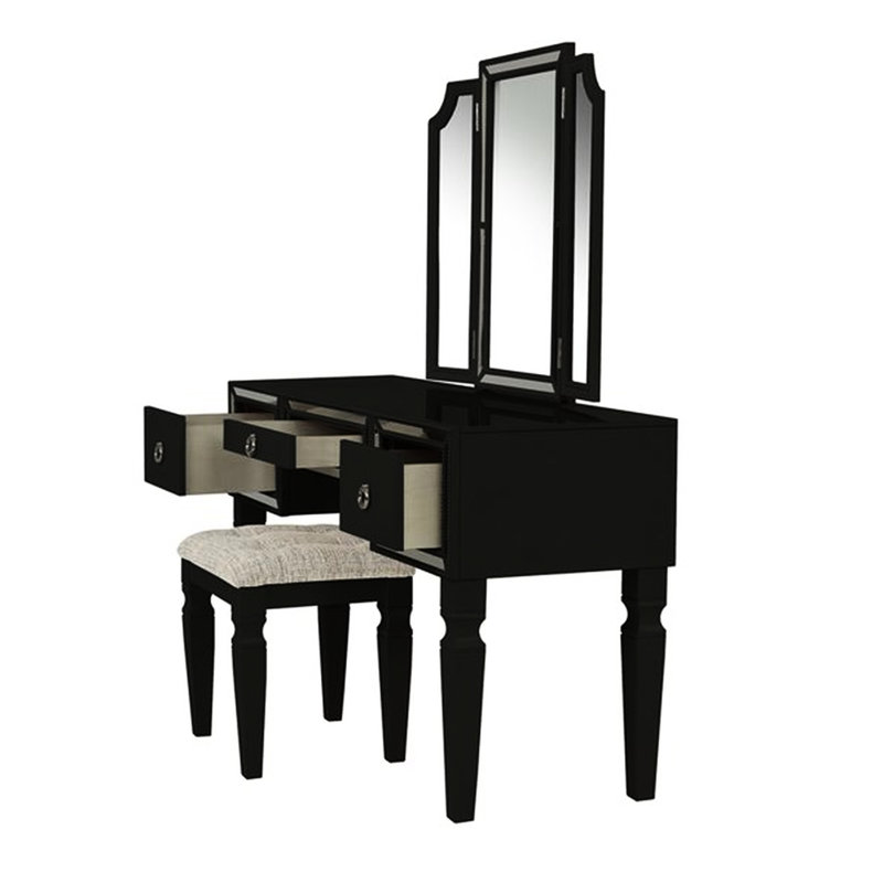 Meuble-lavabo noir majestueux pour la chambre à coucher, avec tabouret, 3 tiroirs et 3 miroirs , Noir