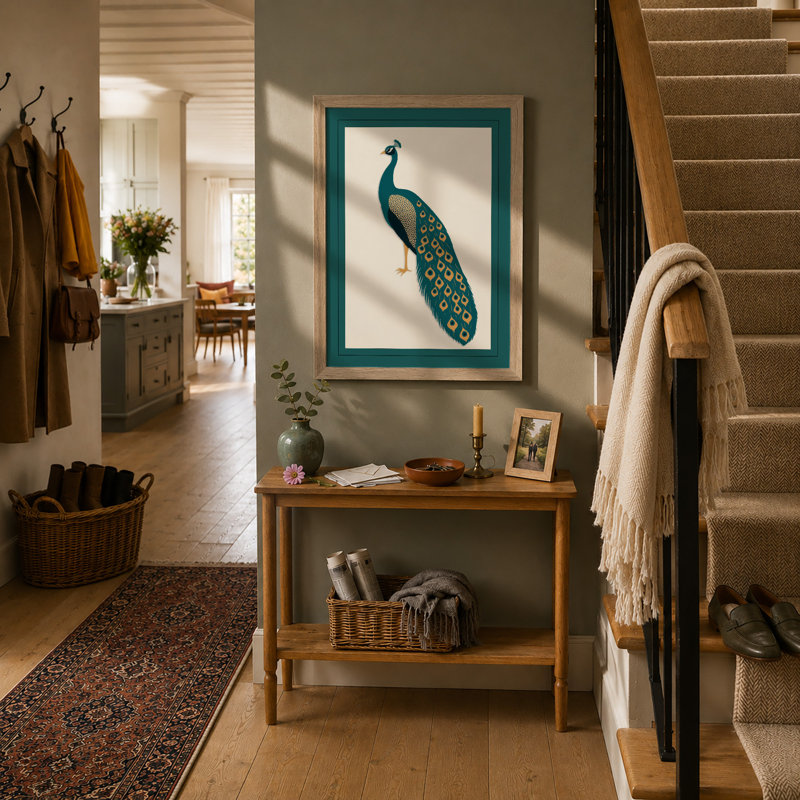 Elegant Peacock Profile Botanical - Framed Print, Oak, A3 - 42.0 x 29.7 cm