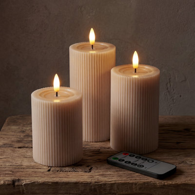 Bougie pilier cannelée cannelée à DEL, avec effet de cire fondue réfléchissante - flamme vacillante, télécommande, à intensité variable, sans flamme, à piles, décorations pour la maison et le mariage (ensemble de 3)