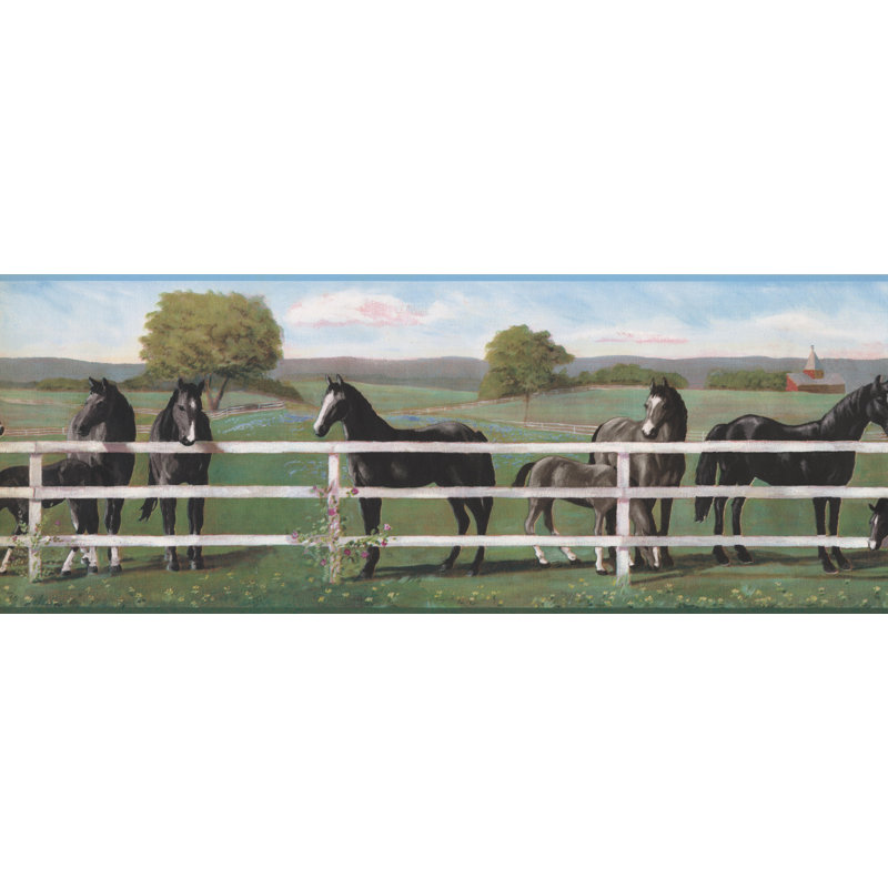 Bordure de papier peint à motif animalier L 15 pi x l 9 po Emerico Horse derrière Fence Farm
