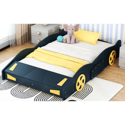 Lit plateforme pour voiture de course double - bleu foncé et jaune avec espace de rangement en bois + roues et robuste pour chambre à coucher