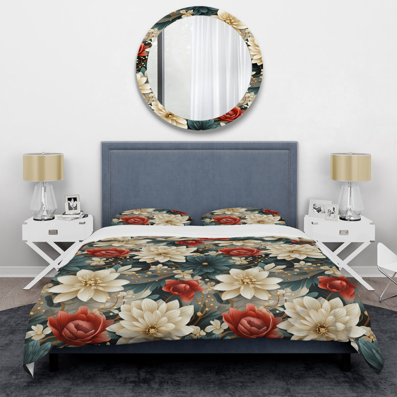 Motif floral orchidées rouges et blanches - Ensemble de housse de couette floral - Polyester microfibre