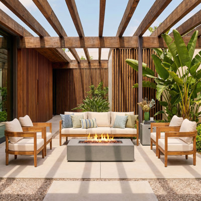 Shelton 7-Seater Modern Minimalist Acacia Wood Outdoor Conversation Set With 50,000 BTU Propane Firepit, Slatted Design And Water-Repellent Cushions