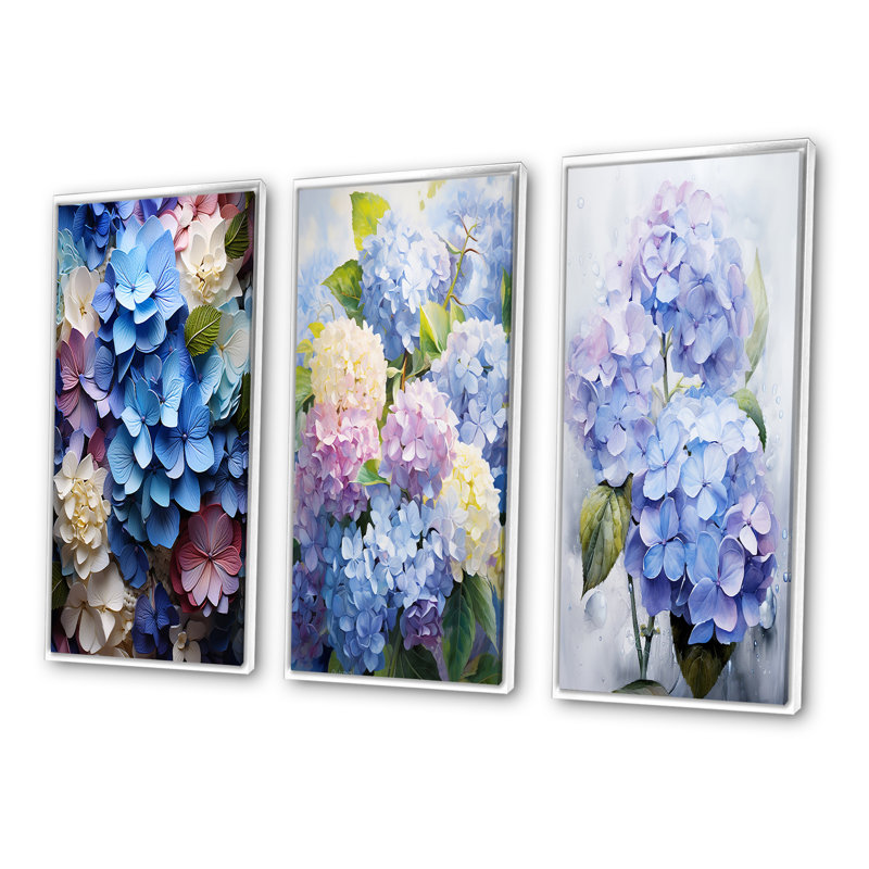 «Blue Hydrangea Garden Enchantment», 3 pièces sur toile, Cadre blanc, H 20 po x l 36 po