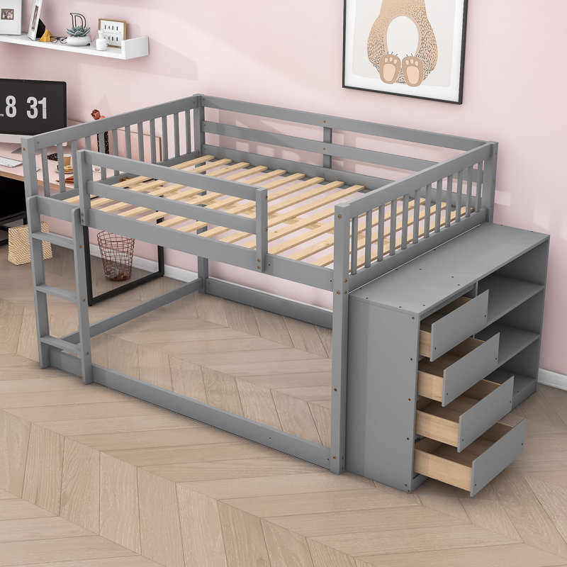 Kialah Space-Saving Bunk Bed With Built-In Storage And Slats, Gray, Full Over Full