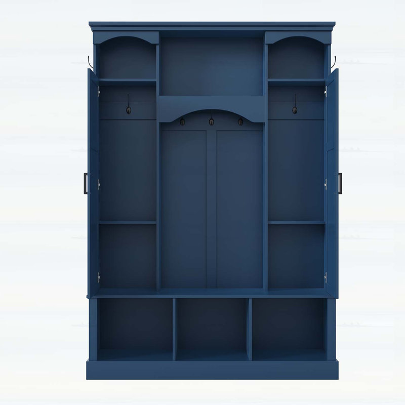 Classic All-in-One Hall Tree with Adjustable Shelves,Storage Bench with Dual Side Cabinets, Blue