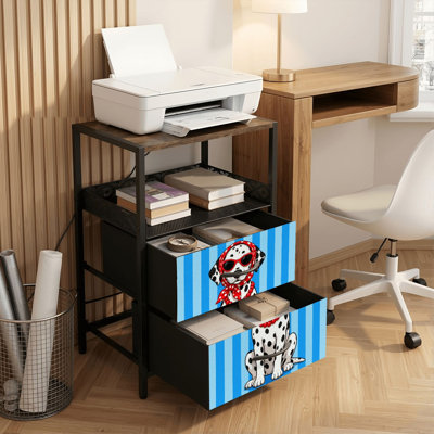Nightstand with Charging Station, 2 Drawer Bedside Table with USB Ports and Outlets, Open Shelf, Black Night Stand for Bedroom Living Room Stylish Black White Dog Red Polka Dot Accessories Blue Striped Print