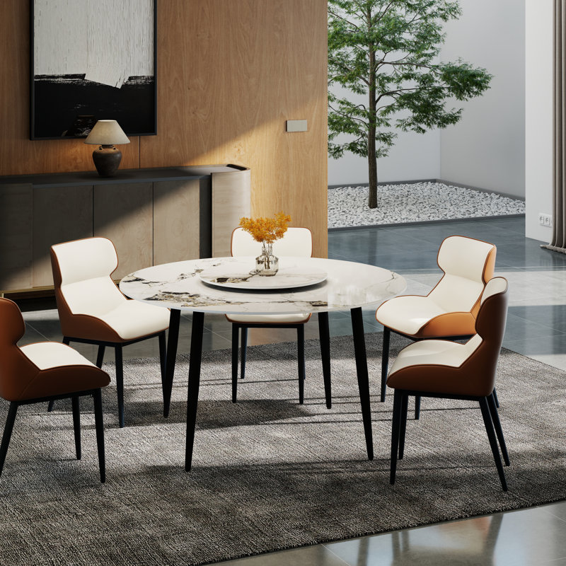Four-Leg Round Sintered Stone Dining Table With Lazy Susan, Black, Patek White