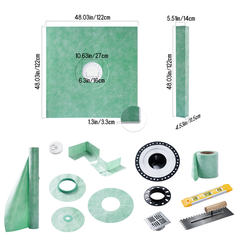 48" x 48" Shower Curb Kit with Tray, Membrane, Seals, Bonding Flange & Installation Tools – Center Outlet, Green