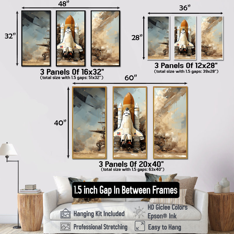 Abstract Space Shuttle Launch I - Space Shuttle Wall Art Set, Gold Floater Framed, 40" H x 60" W x 1" D