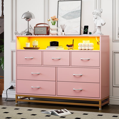 Modern 7-Drawer Dresser with Charging Station and LED Lights, Bedroom Storage Organizer Furniture by Wrought Studio