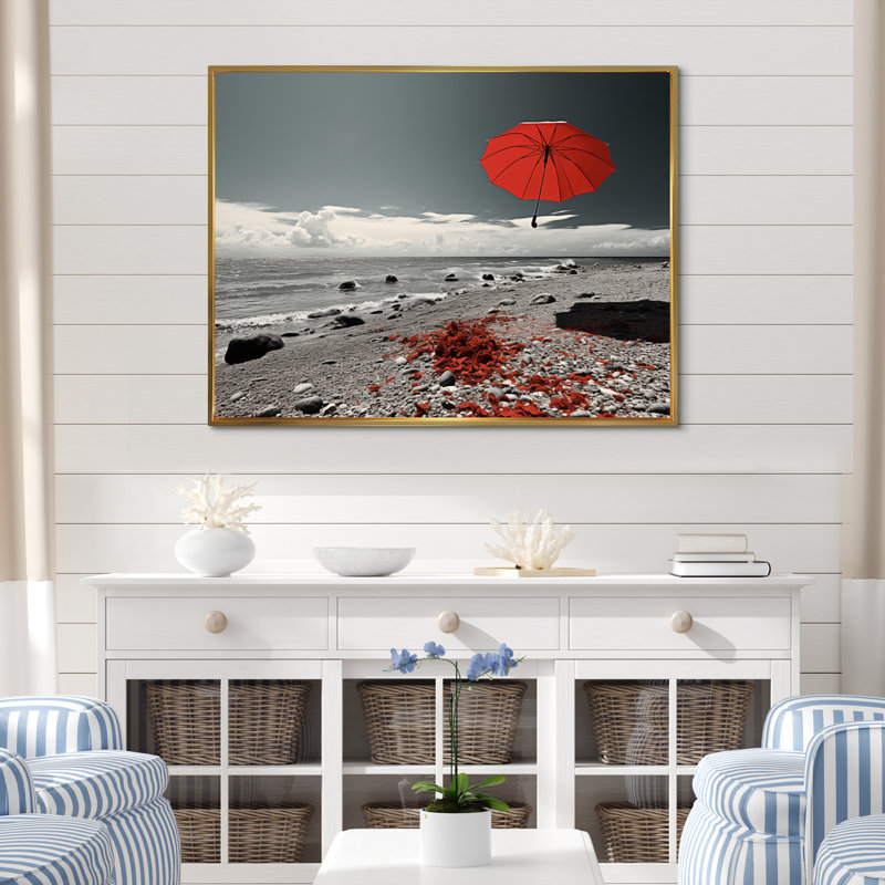 Beach Beach Umbrella Splash III - Reproduction d'art nautique et plage, H 12 po x l 20 po x P 1 po, Cadre flottant doré