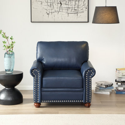 Living Room Sofa Single Seat Chair With Wood Leg Navy Blue Faux Leather