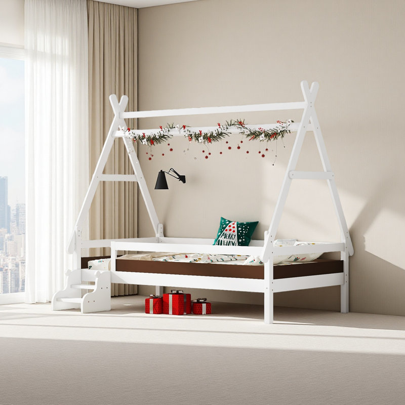 Lit plateforme House avec escalier, structure de lit simple en bois massif, profil bas et design amusant pour enfants, Blanc