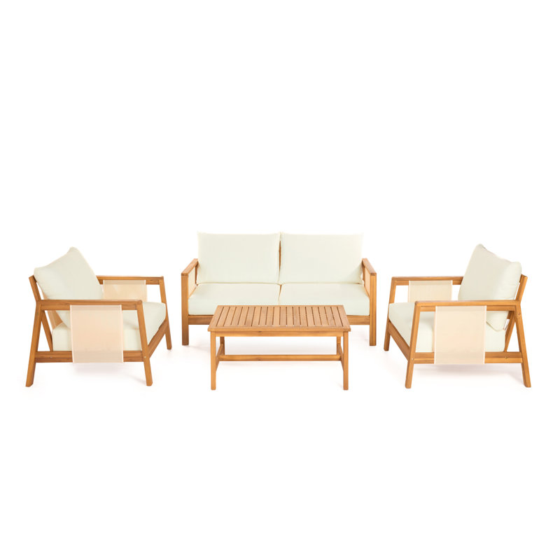 Ensemble de canapé 4 pièces avec causeuse d'extérieur et table basse - Structure en bois d'acacia avec textilène brun, coussins beiges hydrofuges (finition teck) pour patio