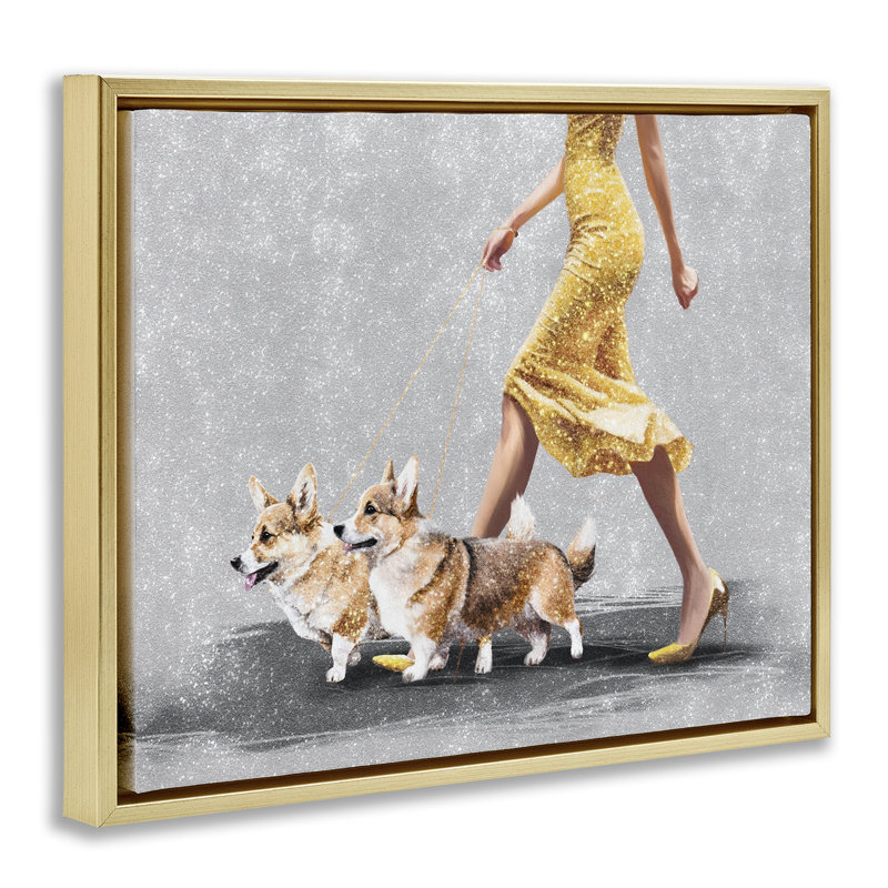 Chic Woman with Corgis Framed  Floater Canvas Wall Art by Svetlana Aleynikova, 17" H x 21" W, Metallic Gold Floater Frame