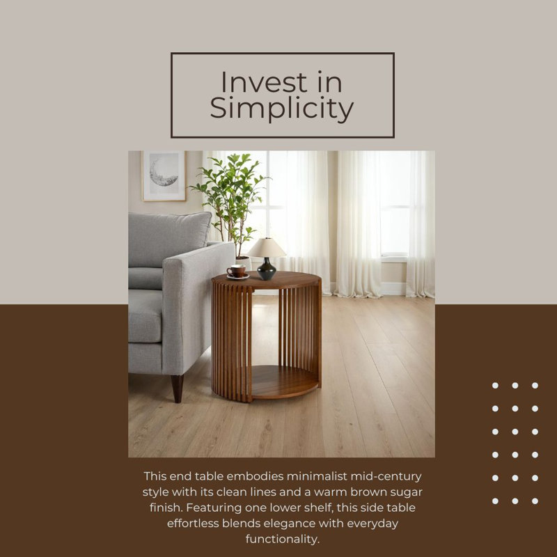 Estie Round Wood Slatted End Table With Open Shelf, Brown Sugar Mango
