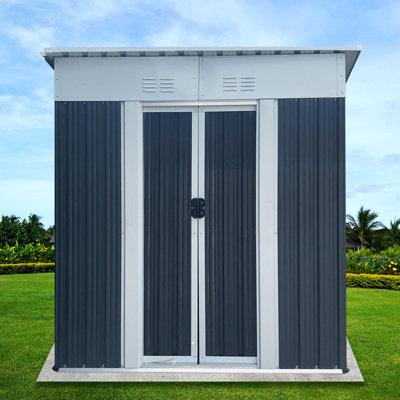5Ftx3ft Grey Metal Tool Storage Shed With Sloped Roof, High-Strength Frame, , Lockable Doors, Suitable For Storing Garden Tools American Style Outdoor Storage, Galvanized Steel And Aluminum Alloy,