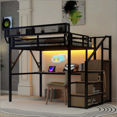 Lit mezzanine avec bureau et station de charge, lit mezzanine en métal avec escalier et lumière pour enfants adolescents, produits brevetés