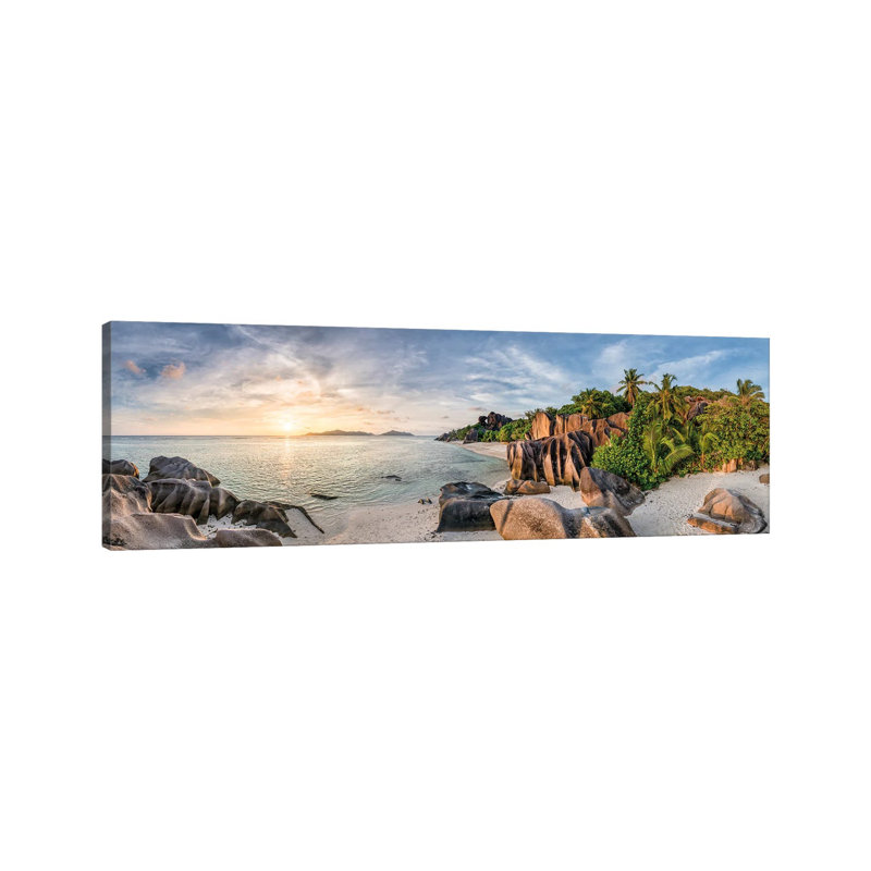 Panoramic Sunset View At Anse Source D'argent Beach, La Digue, Seychelles by Jan Becke - Wrapped Canvas Panoramic Print