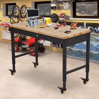 60" x 22" Rubberwood Workbench with Outlets & Wheels, 2000 lbs Capacity
