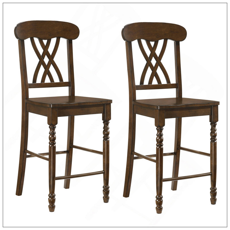 Tabourets à hauteur de comptoir à dossier croisé en noyer (ensemble de 2) avec sièges arrondis et repose-pieds pour plus de confort et de style