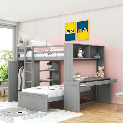 Lit superposé double en bois avec tablettes, bureau et armoire Sherise