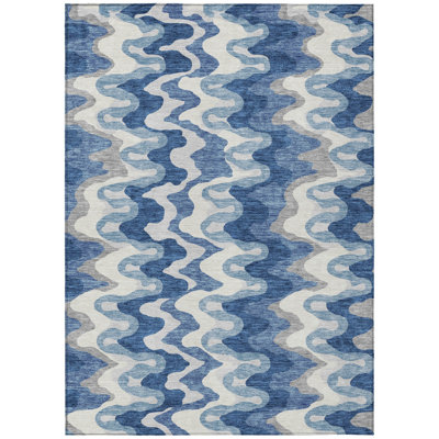 HomeRoots 8' X 10' Navy Blue And Sky Blue Abstract Washable Indoor Outdoor Area Rug