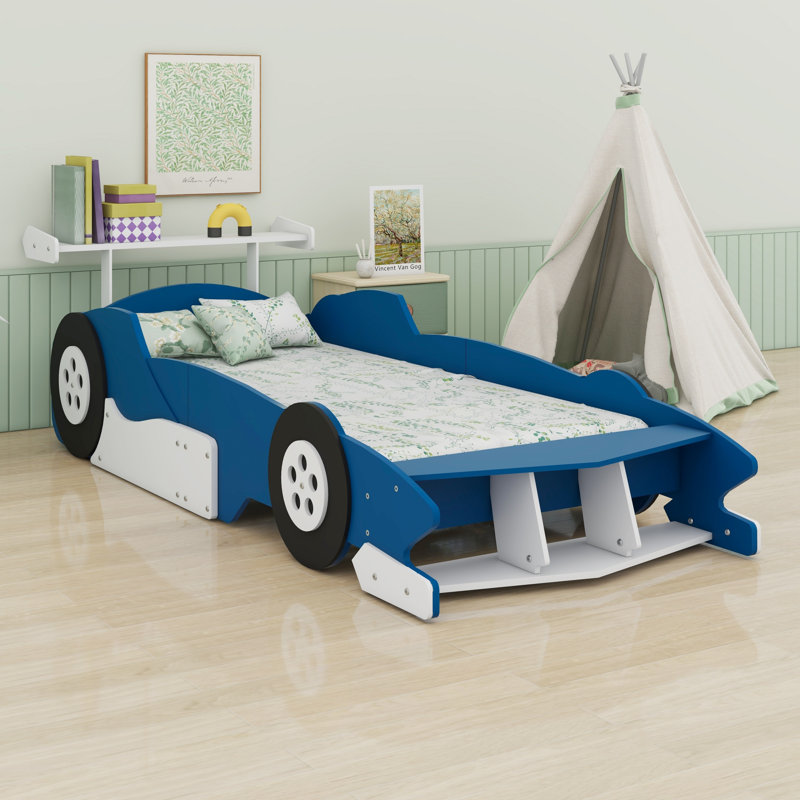Race Car-Shaped Platform Bed With Wheels, Blue