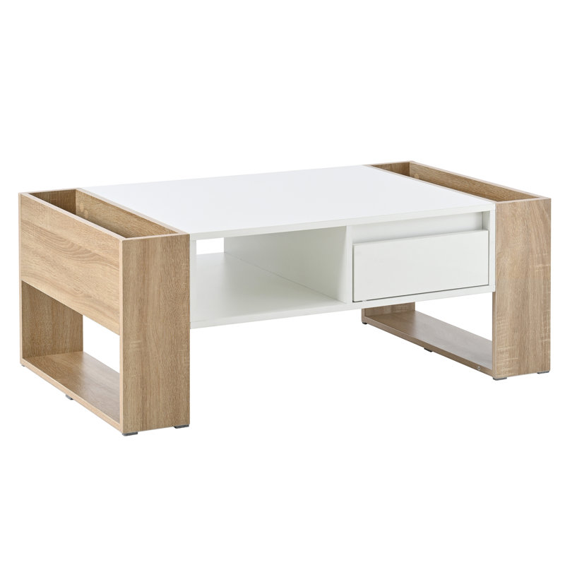 High Glossy Coffee Table with 2 Drawers, Practical Two Tone Center Table with Hidden Compartments, Rectangle Cocktail Table with Open Storage Shelf for Living Room, Bedroom, 41.3*23.6"