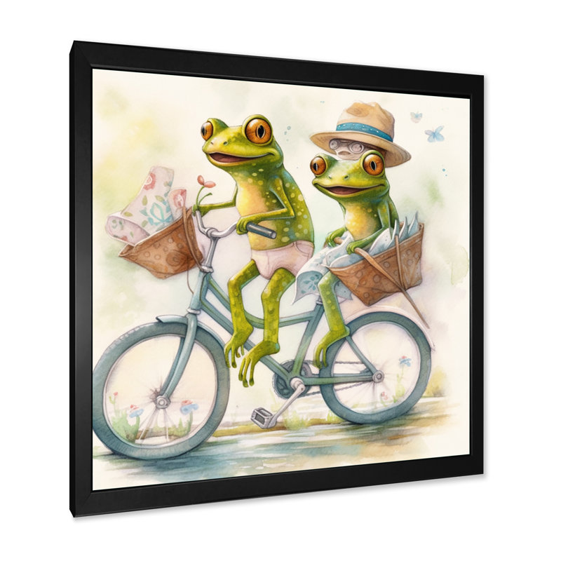 Grenouilles vertes chevauchant un vélo, H 16 po x l 16 po, Cadre flottant brun