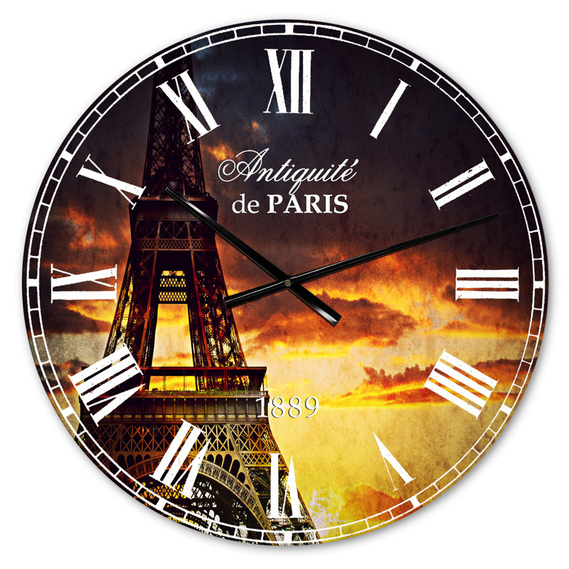 Vue du coucher du soleil avec la tour Eiffel de Paris - horloge murale industrielle, Petit