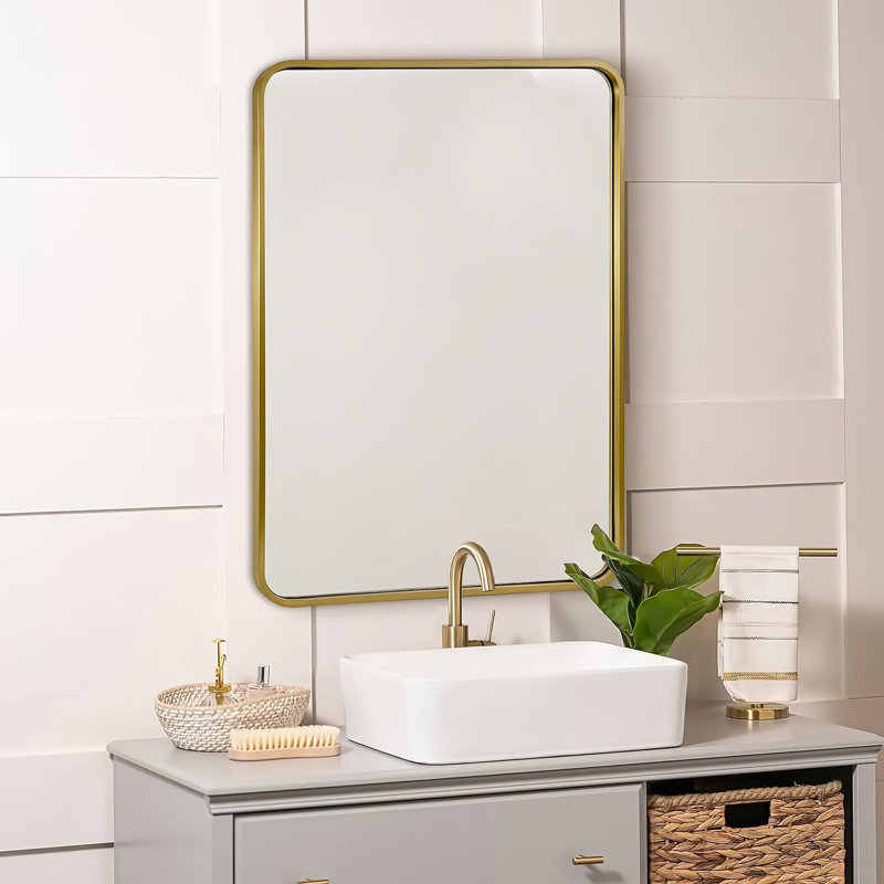 Miroir de salle de bain rectangulaire contemporain | Cadre épais en acier inoxydable, Or brossé, 30 po x 22 po